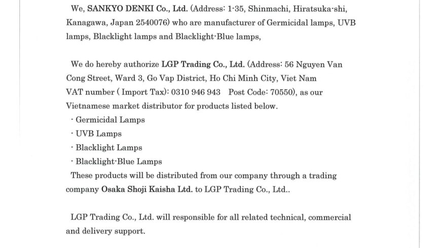 Chứng nhận Đại lý Sankyo Denki – Việt Nam 2024